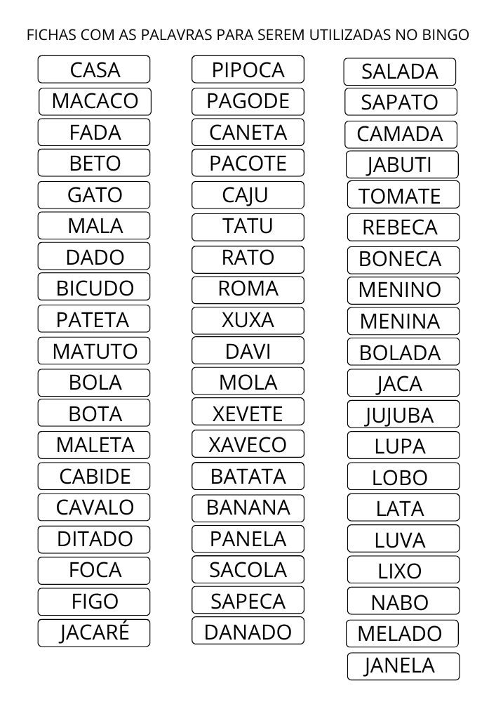 Bingo palavras simples imprimir fichas