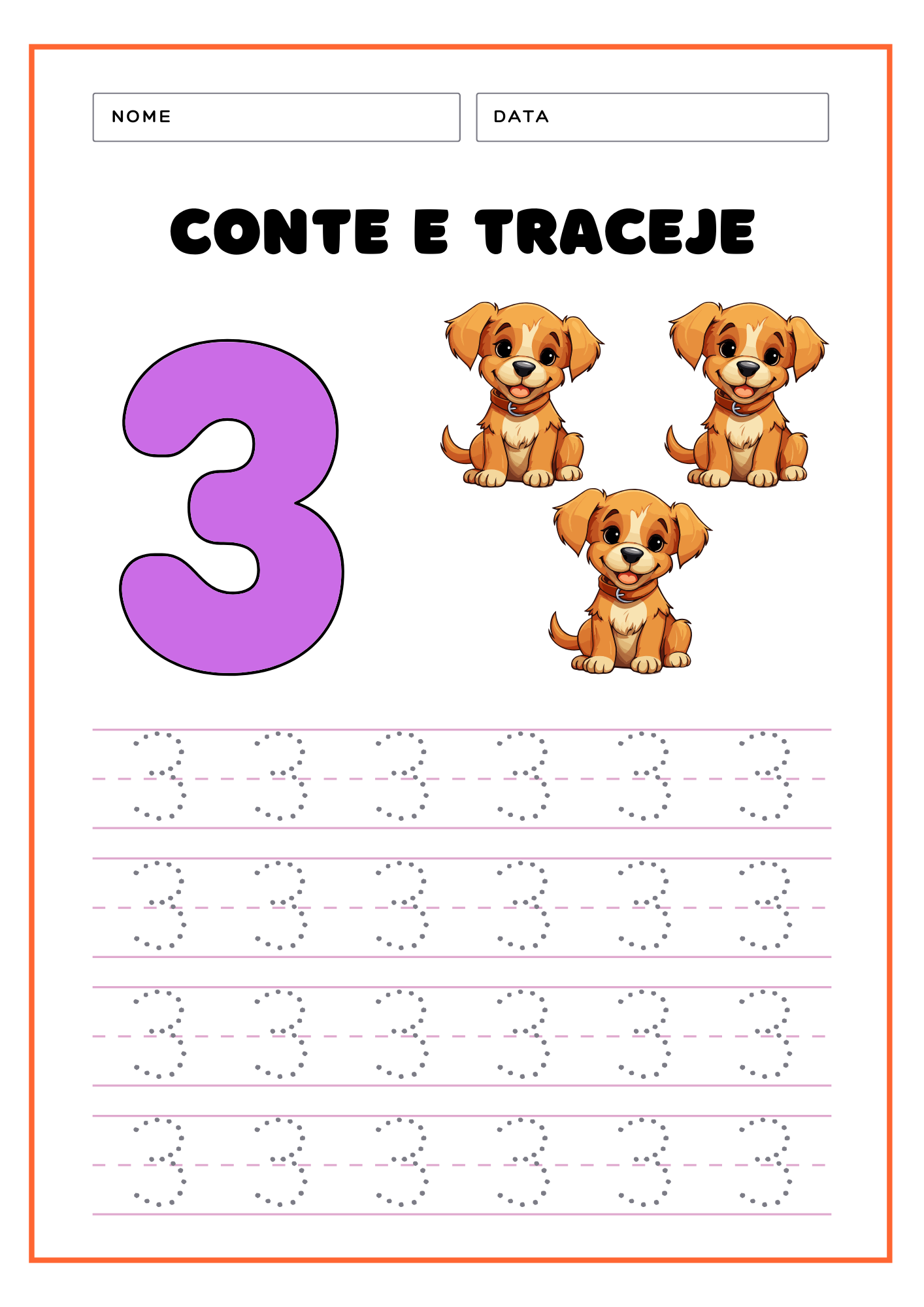 Números Pontilhados Para Imprimir: Atividades Educativas 15 numeros-pontilhados-para-imprimir-3-cachorros-colorido