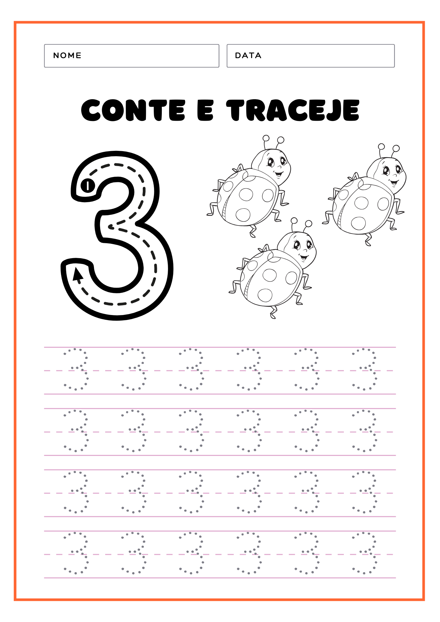 Números Pontilhados Para Imprimir: Atividades Educativas 5 numeros-pontilhados-para-imprimir-3-joaninhas-preto-e-branco
