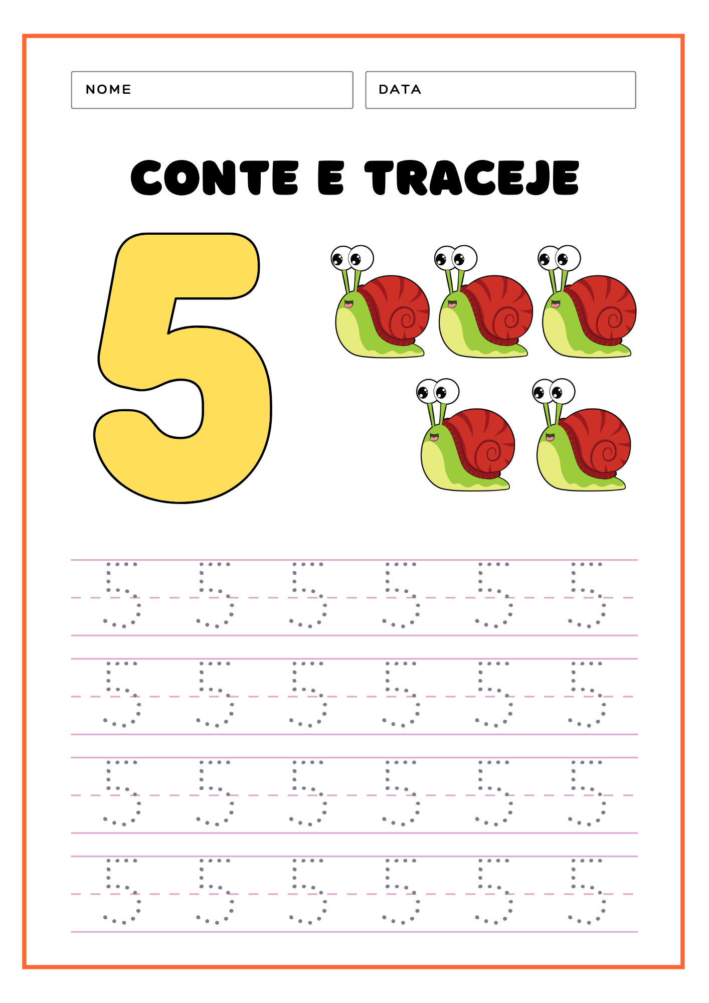 Números Pontilhados Para Imprimir: Atividades Educativas 18 numeros-pontilhados-para-imprimir-5-caracois-colorido