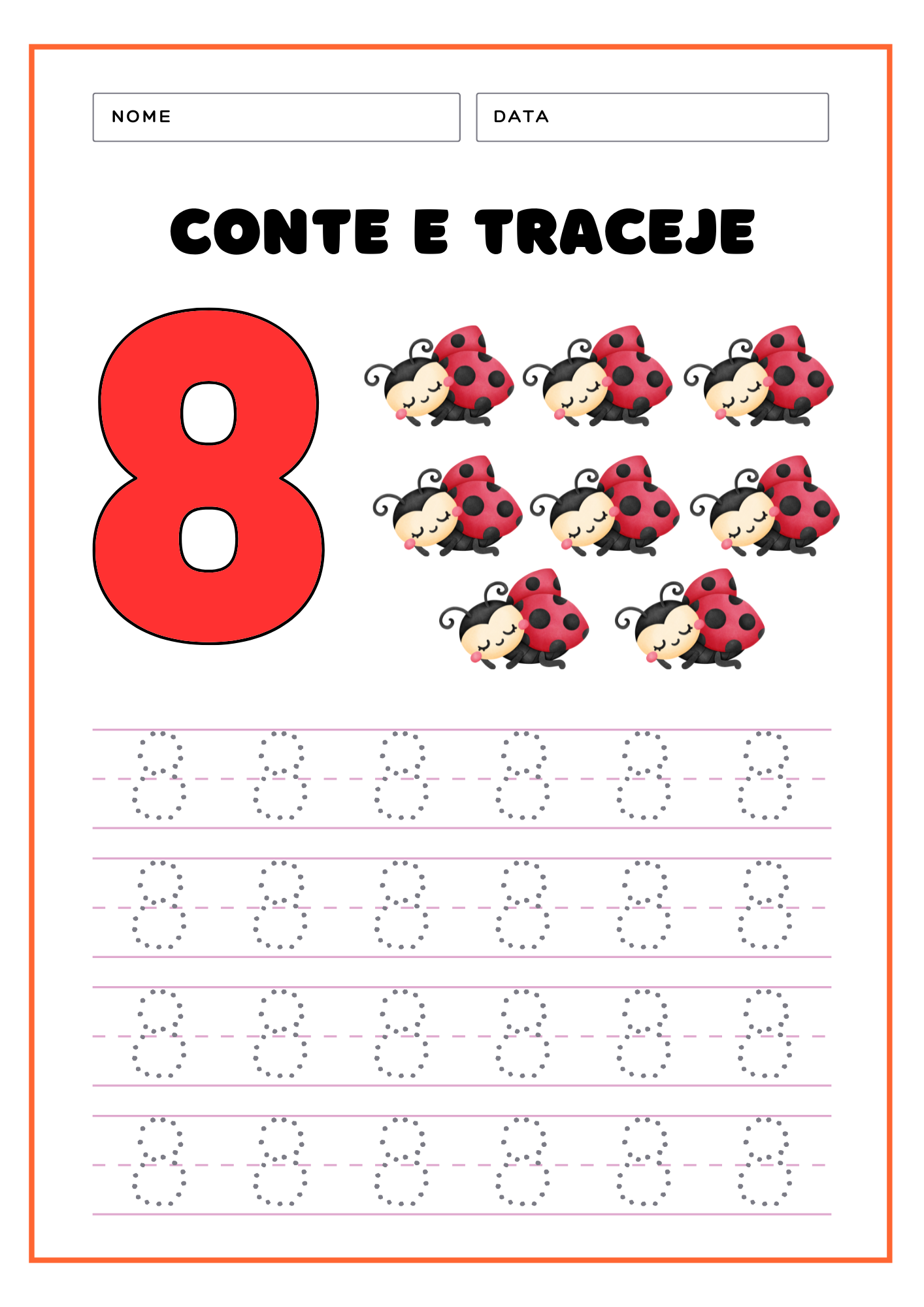 Números Pontilhados Para Imprimir: Atividades Educativas 21 numeros-pontilhados-para-imprimir-8-joaninhas-colorido