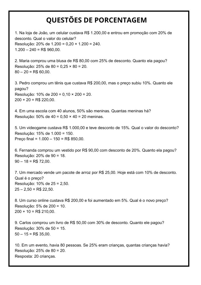 lista de exercicios porcentagem 8 ano pdf 01 com questões contextualizadas