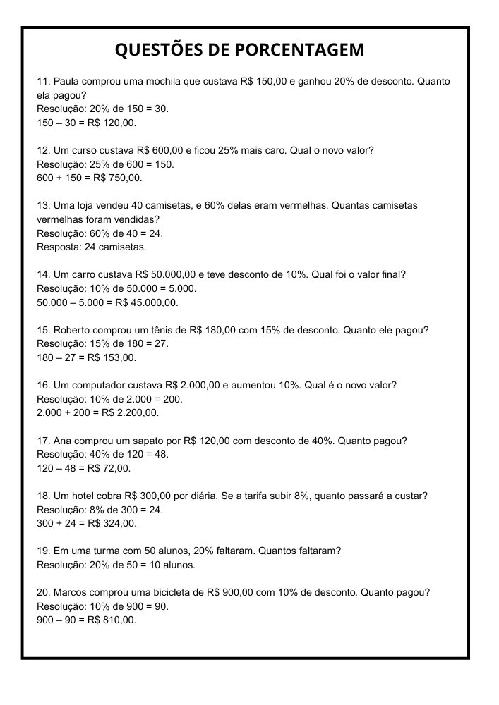 lista de exercicios porcentagem 8 ano pdf 02 com gabarito