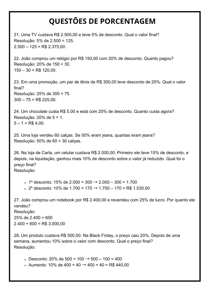 lista de exercicios porcentagem 8 ano pdf 03 questões varidas
