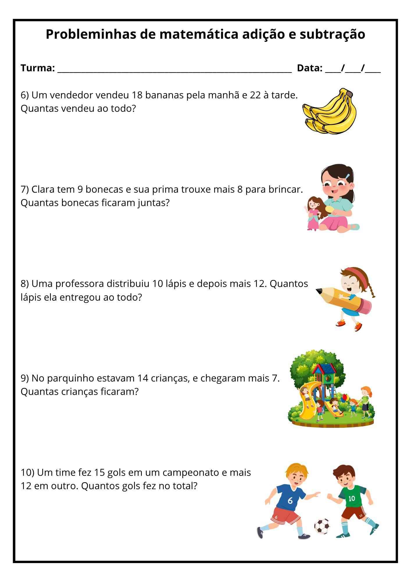 Atividade de matemática 1º ano probleminhas 2 Atividade de matematica 1 ano probleminha adesivo