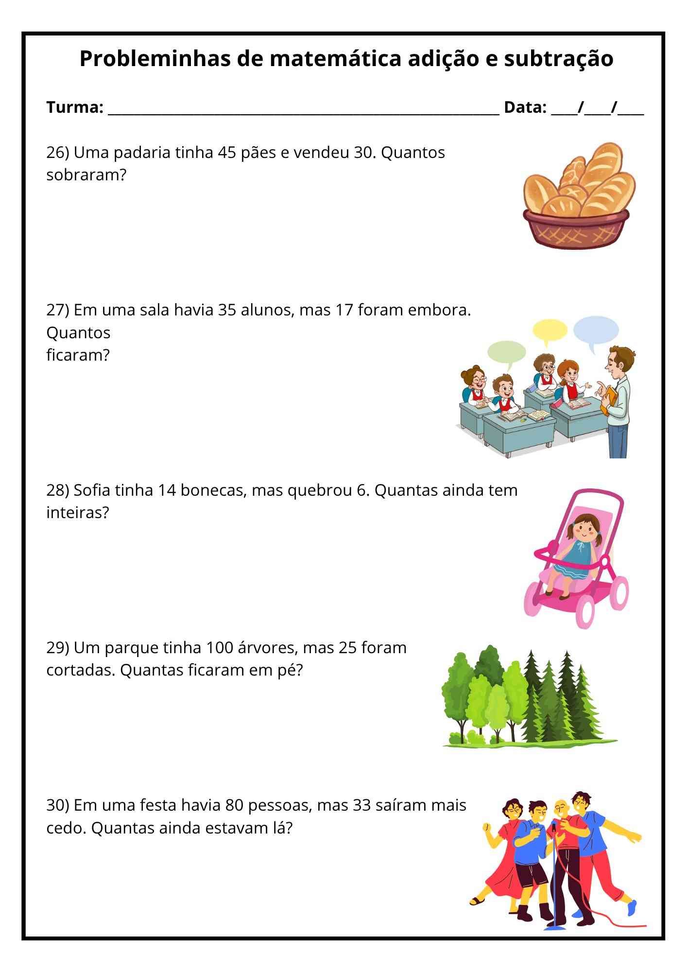 Atividade de matemática 1º ano probleminhas 4 Atividade de matematica 1 ano probleminha com desenhos colorir