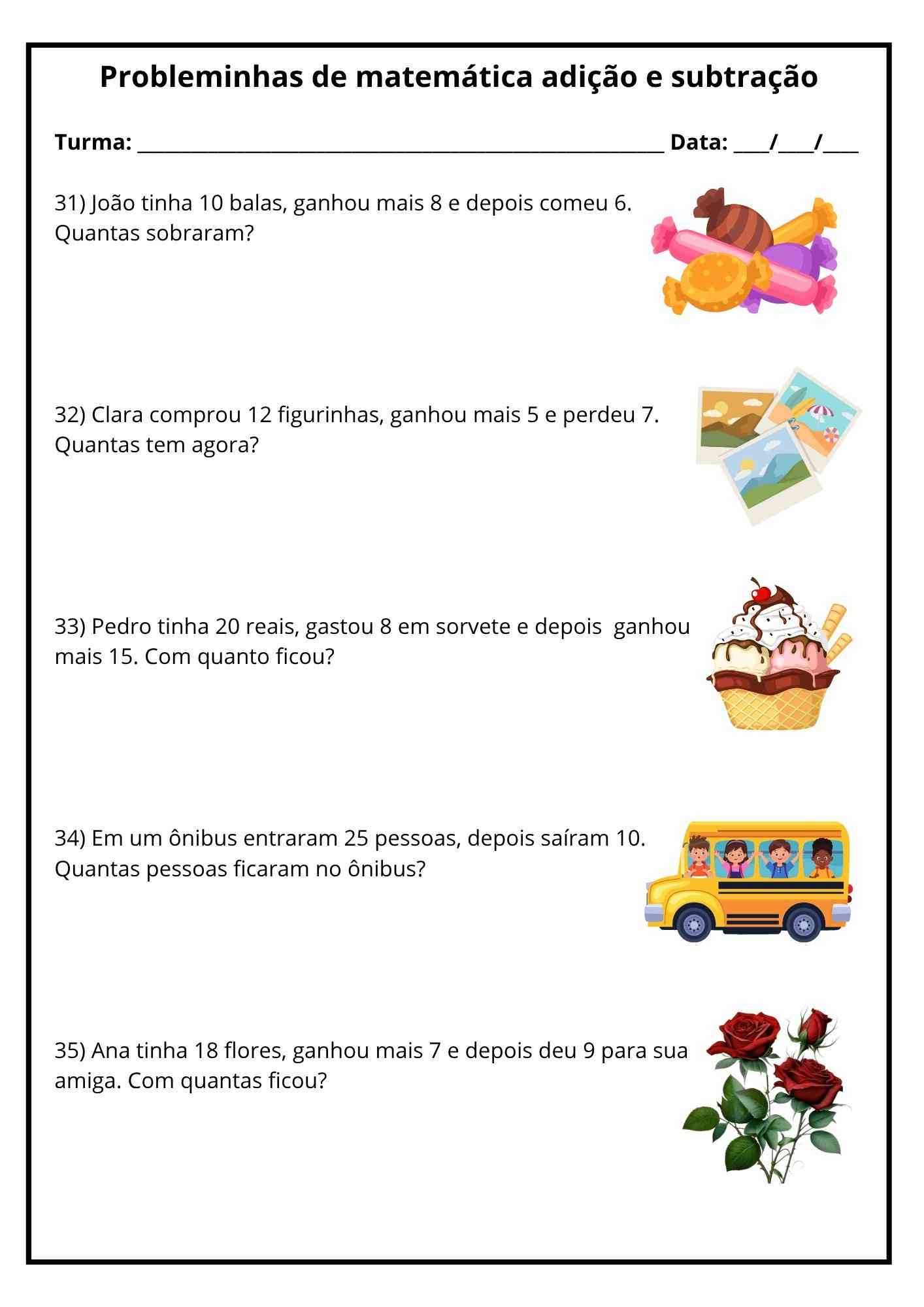 Atividade de matemática 1º ano probleminhas 5 Atividade de matematica 1 ano probleminha com figurinhas