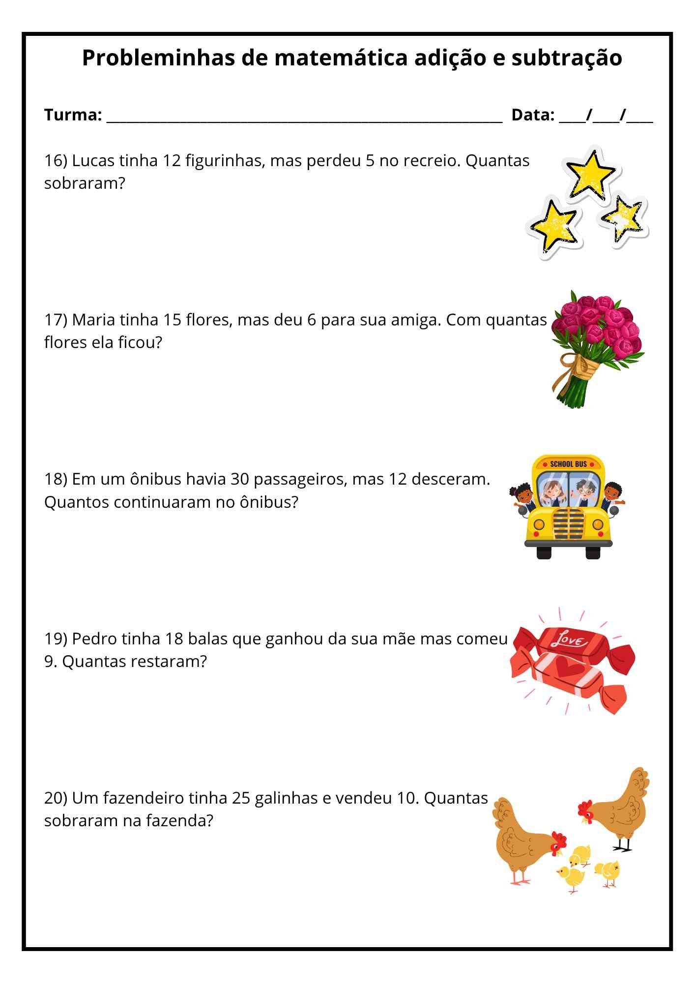 Atividade de matemática 1º ano probleminhas 7 Atividade de matematica 1 ano probleminha com historinha