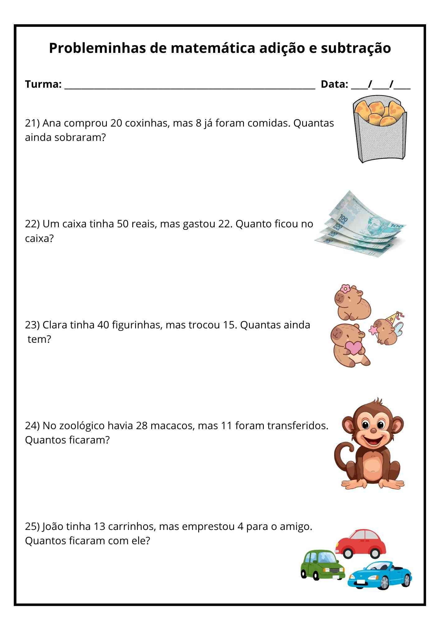 Atividade de matemática 1º ano probleminhas 8 Atividade de matematica 1 ano probleminha de animais