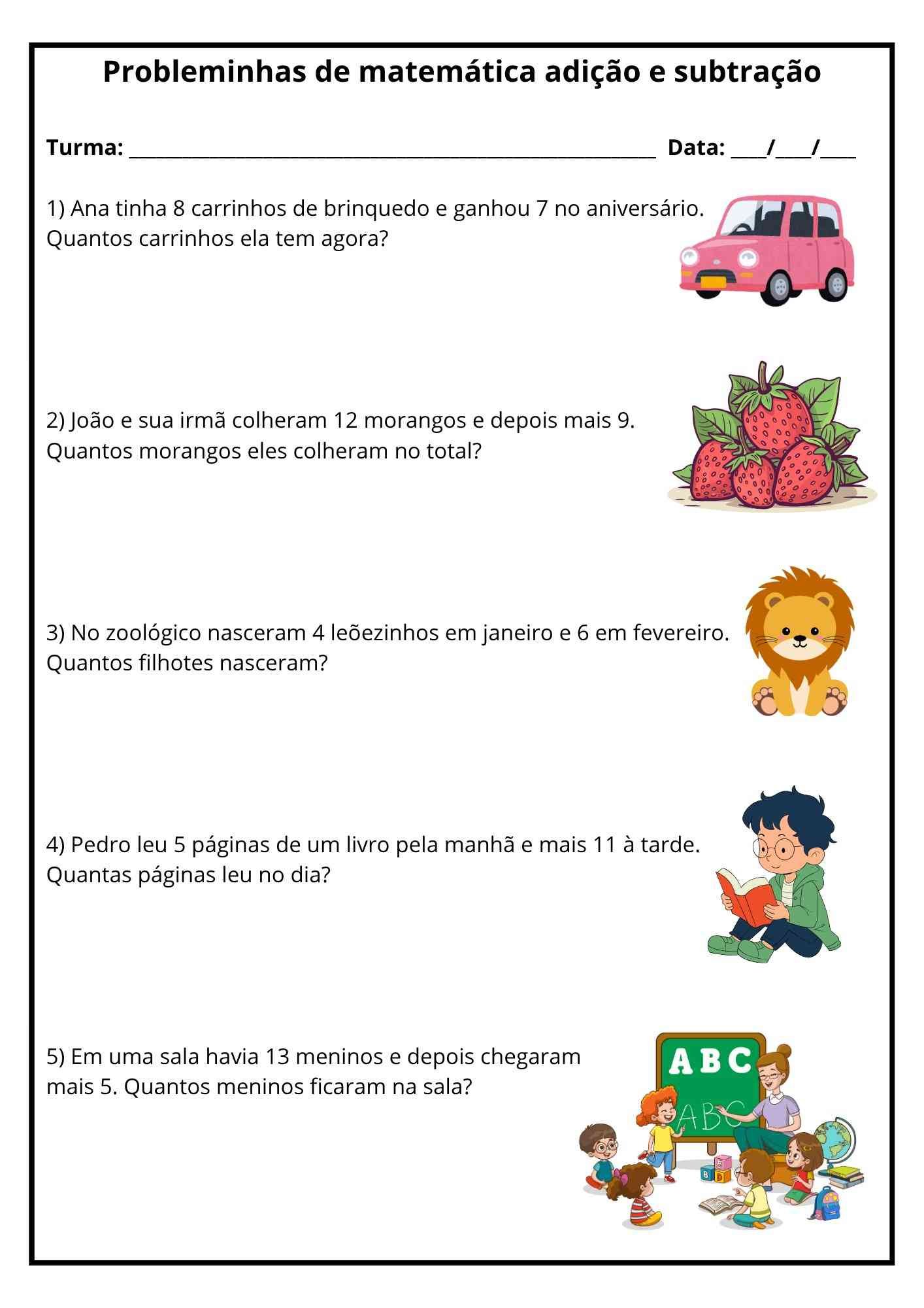 Atividade de matemática 1º ano probleminhas 10 Atividade de matematica 1 ano probleminha subtracao