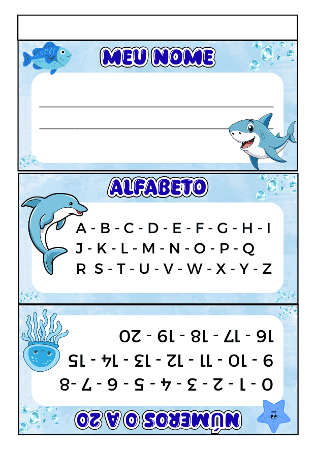 Crachá de mesa para imprimir - 11 modelos diferentes 7 Crachá de mesa educação infantil para imprimir fundo do mar