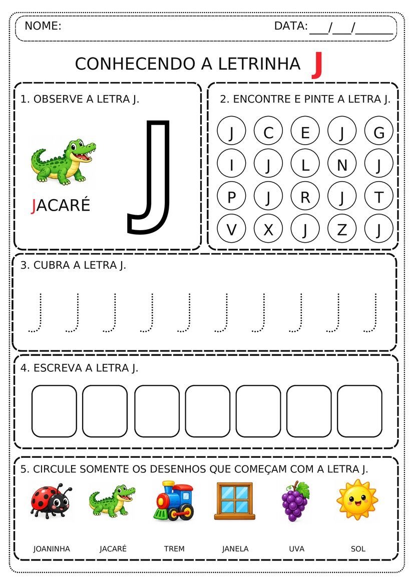 Fichinha ilustrada de atividade do alfabeto para Educação Infantil com reconhecimento e traçado de letras - Com Letra