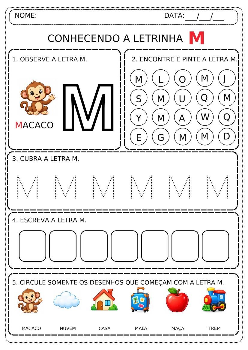 Fichinha ilustrada de atividade do alfabeto para Educação Infantil com reconhecimento e traçado de letras - Com Letra