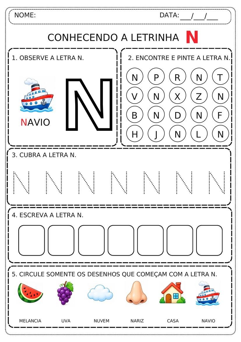 Fichinha ilustrada de atividade do alfabeto para Educação Infantil com reconhecimento e traçado de letras - Com Letra