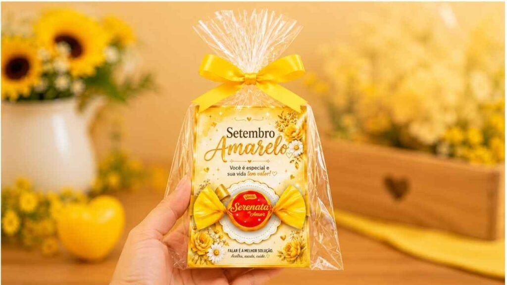 Lembrancinha de Setembro Amarelo com bombom e mensagem especial para imprimir