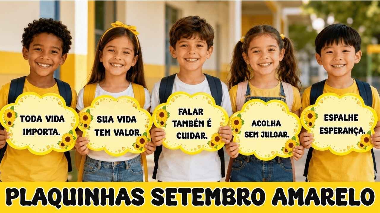 Plaquinhas de Setembro Amarelo com frases de acolhimento para uso escolar