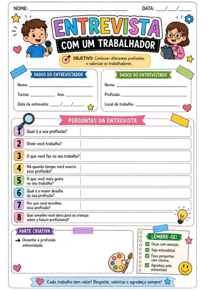 Atividade dia do trabalho entrevista com um trabalhador para alfabetização página 1