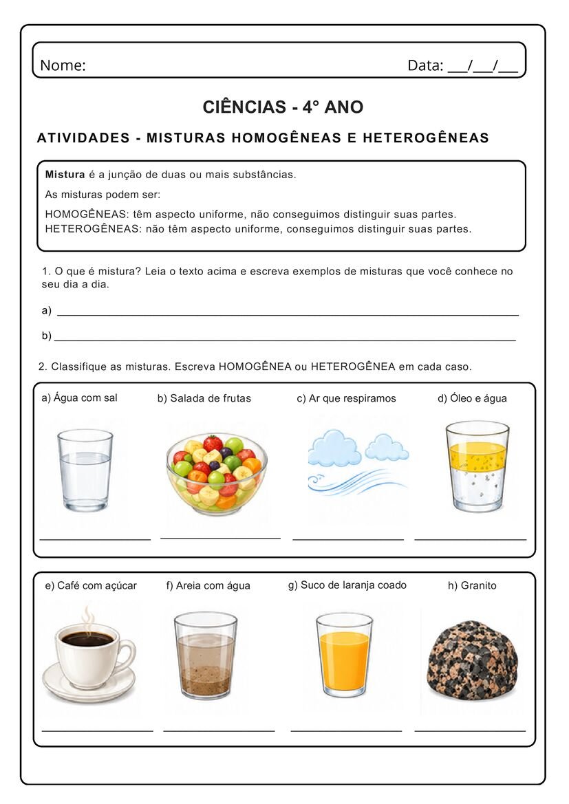 atividades sobre misturas homogeneas e heterogeneas 4o ano para alfabetização página 1